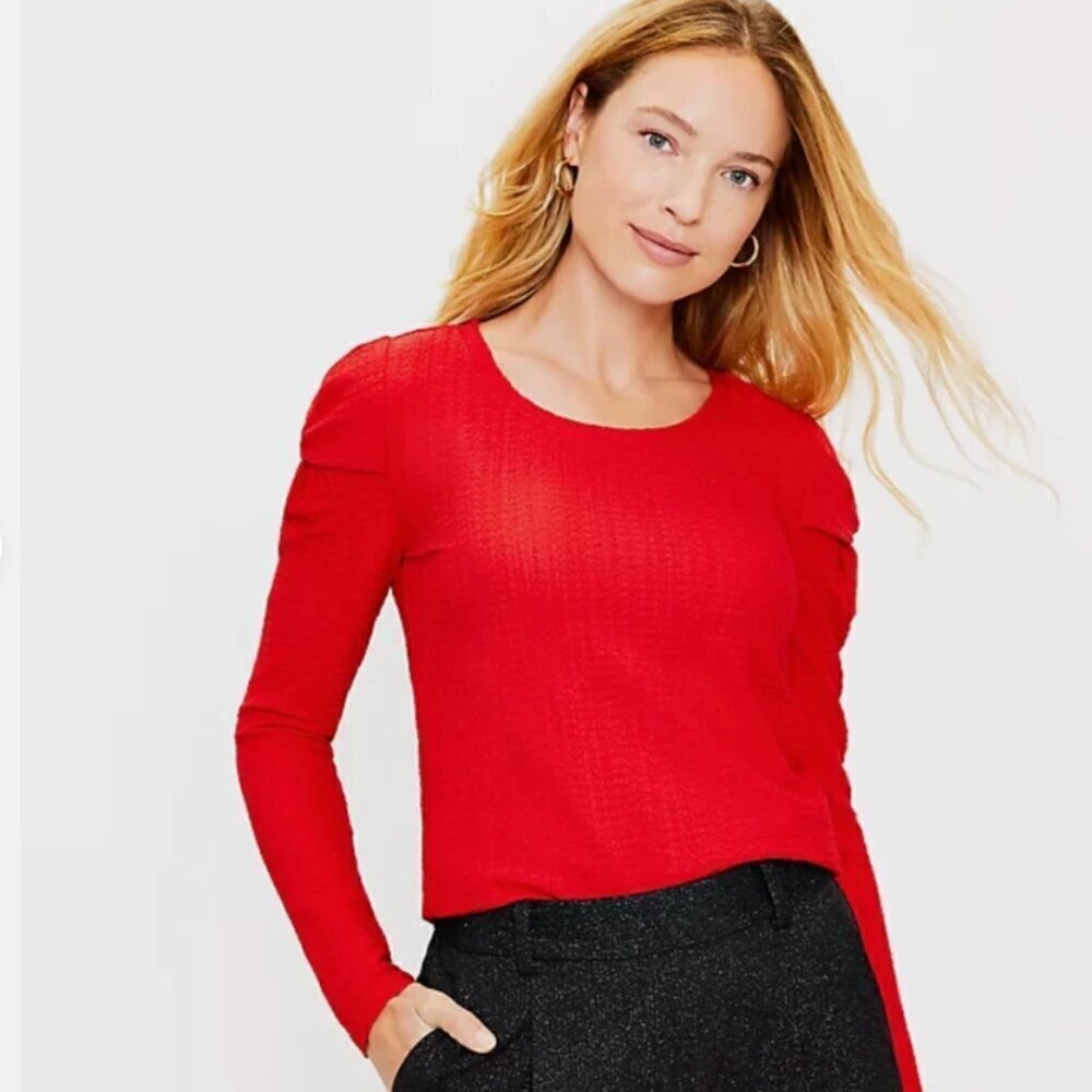 Loft Women's Size Small Solid Red Twist Puff Long Sleeve Top Textured Crewneck